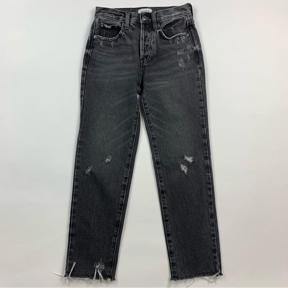 PISTOLA Black Distressed High Rise Straight Leg Charlie Jeans Sz 24
